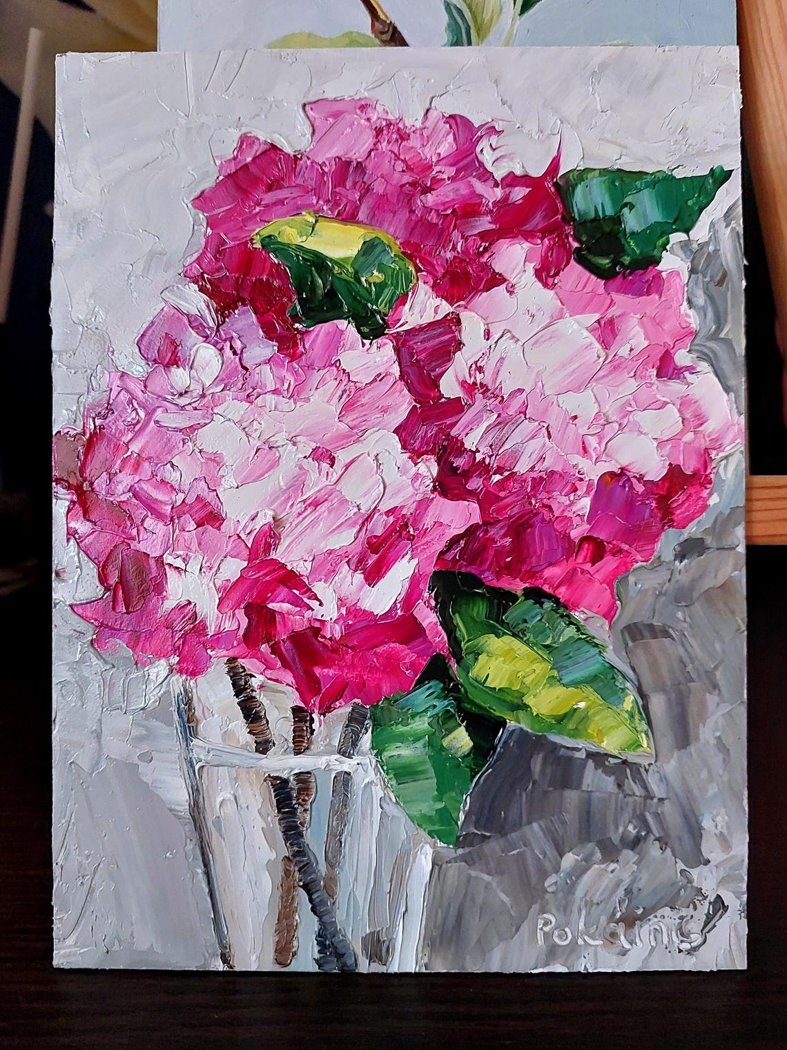 Pink Hydrangea Bouquet in Glass Vase Impasto Oil Flower Poster - Image 2