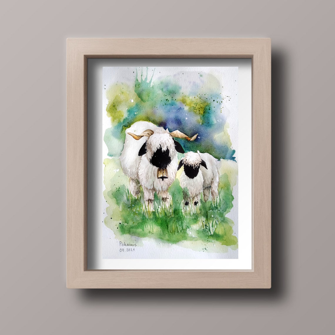 Black Faced Sheep and Her Woolly Lamb in Meadow Watercolor Poster - Image 5