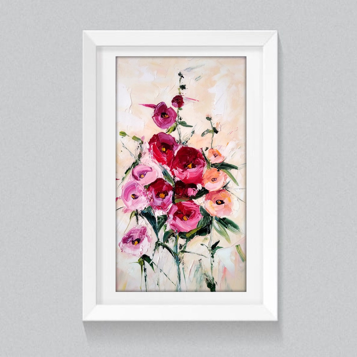 Pink Poppy Bouquet Impasto Oil Painting Poster Cream Background - Image 5