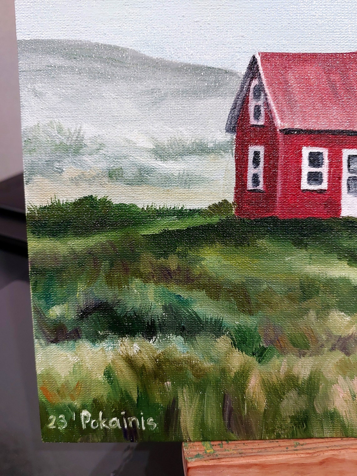 Little Red Cabin Oil Painting Poster Green Meadow Mountain View - Image 2