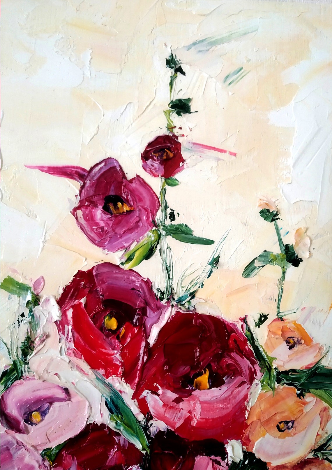 Pink Poppy Bouquet Impasto Oil Painting Poster Cream Background - Image 2