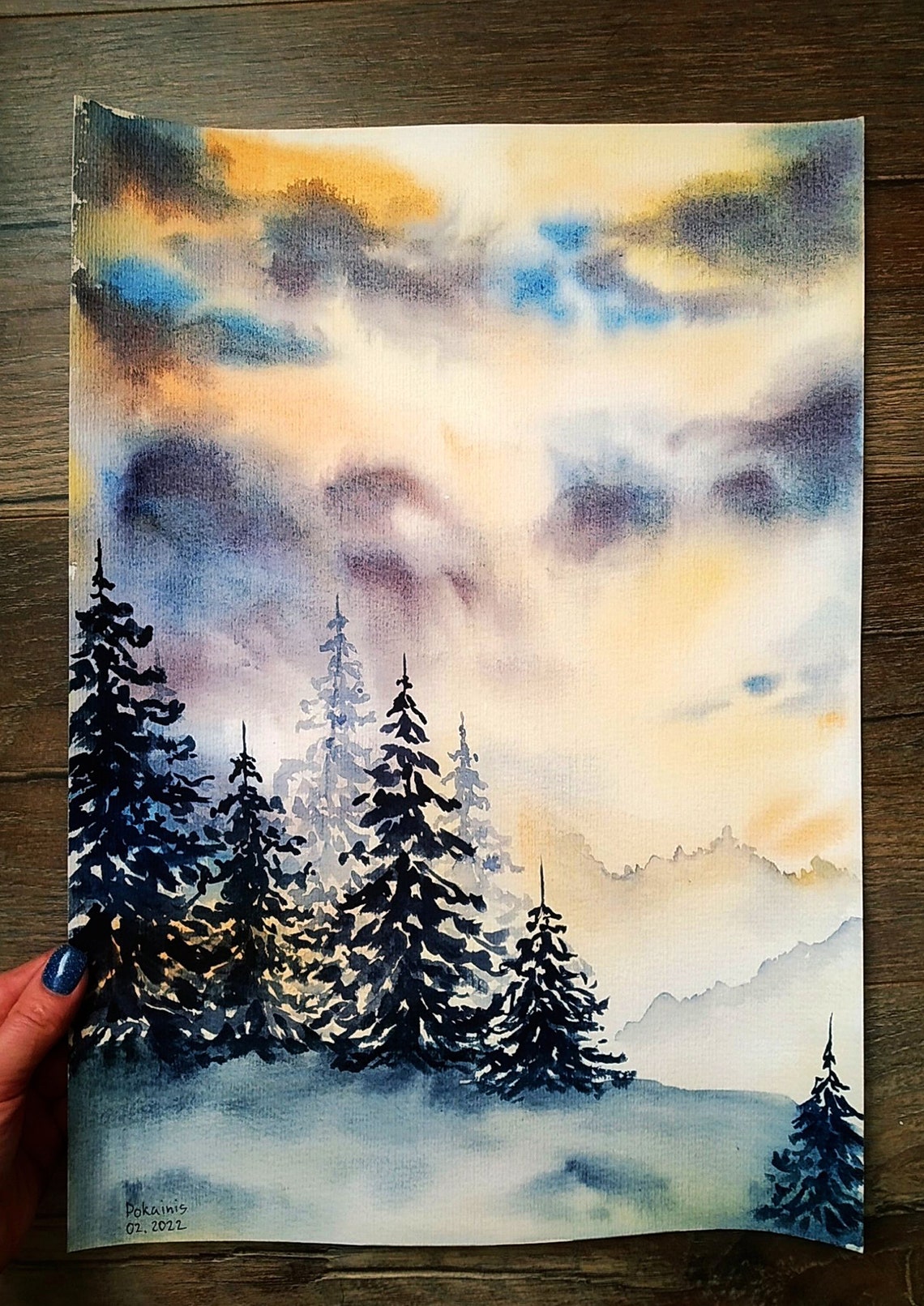 Snowy Evergreen Forest Watercolor Poster Winter Sunrise Trees - Image 4