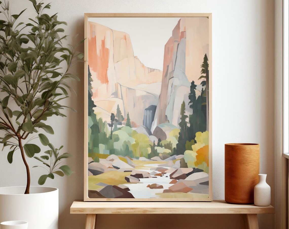 Yosemite Valley Painting Granite Cliffs Pines Mountain Stream Poster