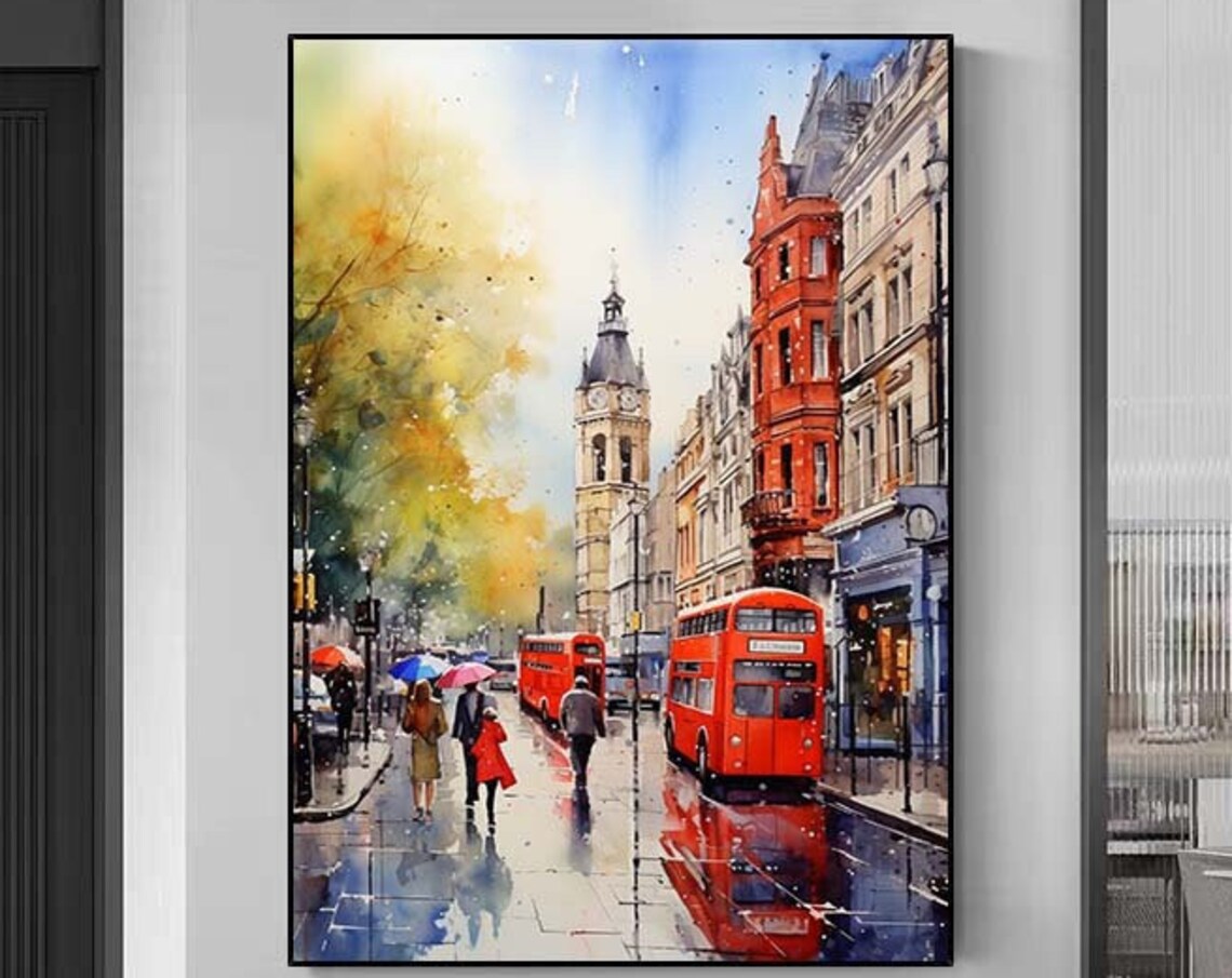 London Rainy Street Red Double Decker Bus Watercolor Painting Poster