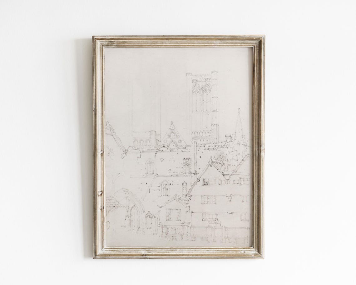 Antique Cathedral Sketch Detailed Architecture Etching Vintage Sketch Art Drawing Wall Art