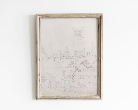 Antique Cathedral Sketch Detailed Architecture Etching Vintage Sketch Art Drawing Wall Art