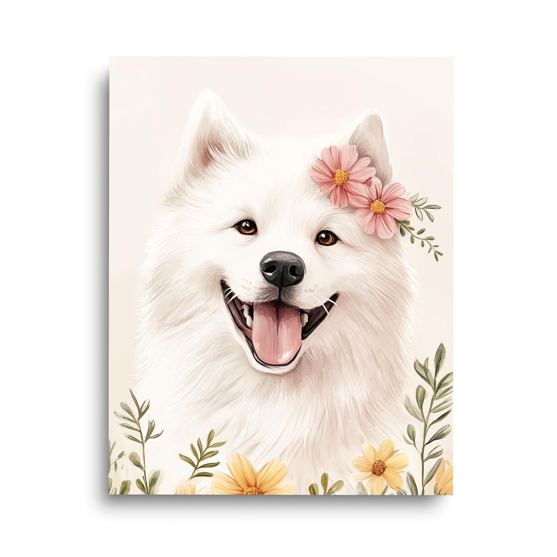 Beaming Happy White Samoyed with Pink Flowers Watercolor Pet Poster
