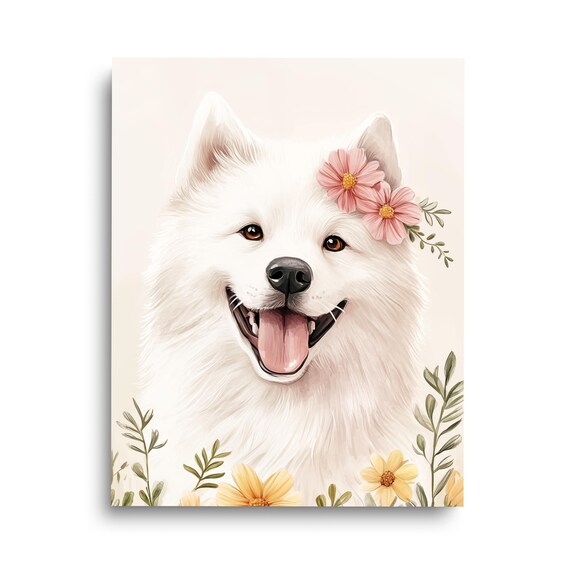 Beaming Happy White Samoyed with Pink Flowers Watercolor Pet Poster