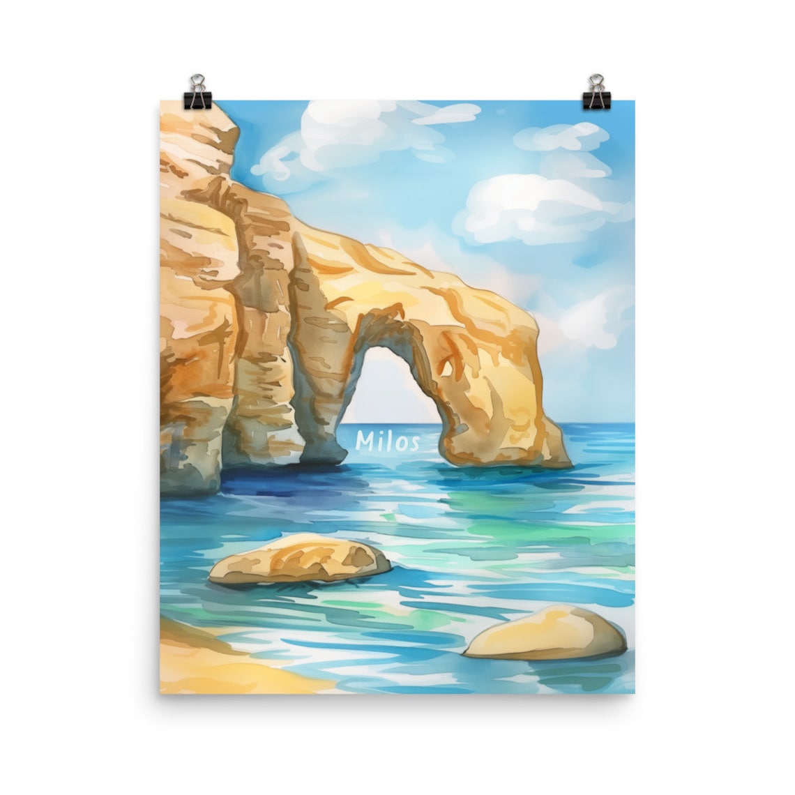 Milos Sea Arch Rock Formation on Aegean Blue Water Watercolor Poster