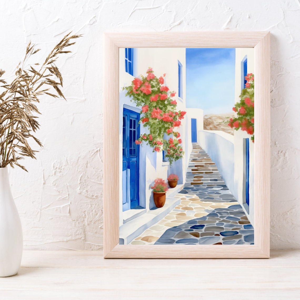 Ios White Alley with Blue Doors and Pink Bougainvillea Poster - Image 3