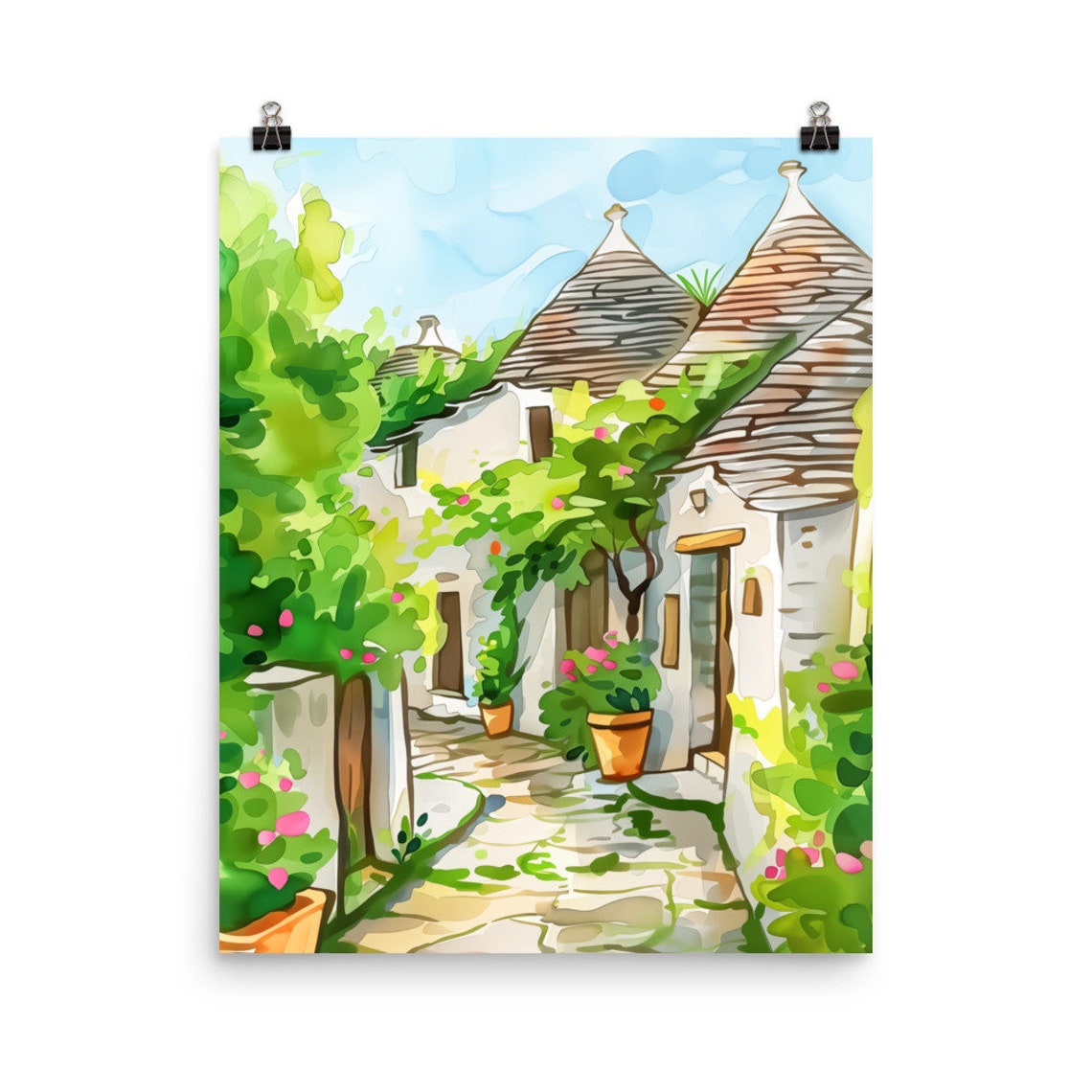 Alberobello Trulli Alley with Stone Lane and Flower Pots Poster