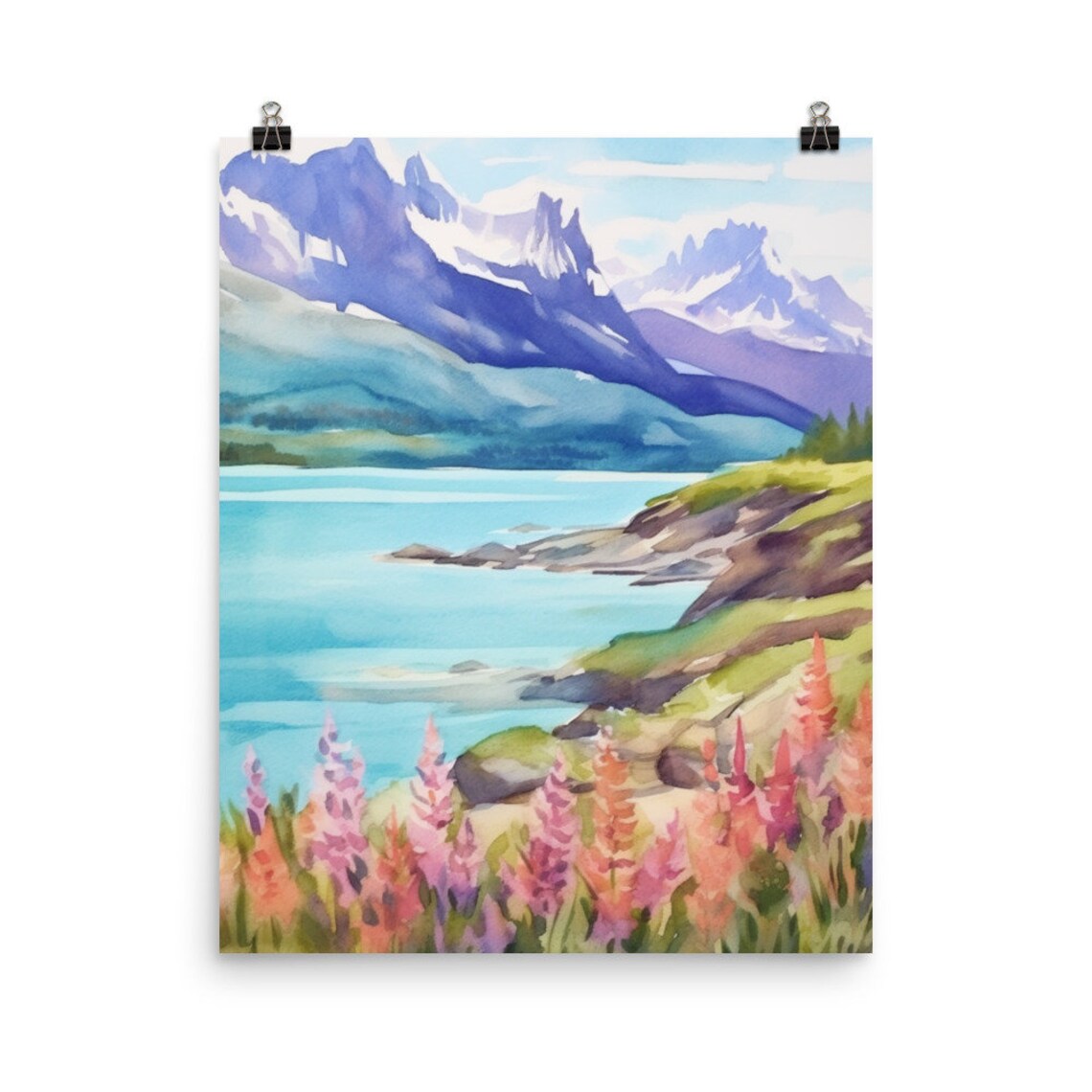 Argentina Andes Mountain Alpine Lake Wildflowers Watercolor Poster