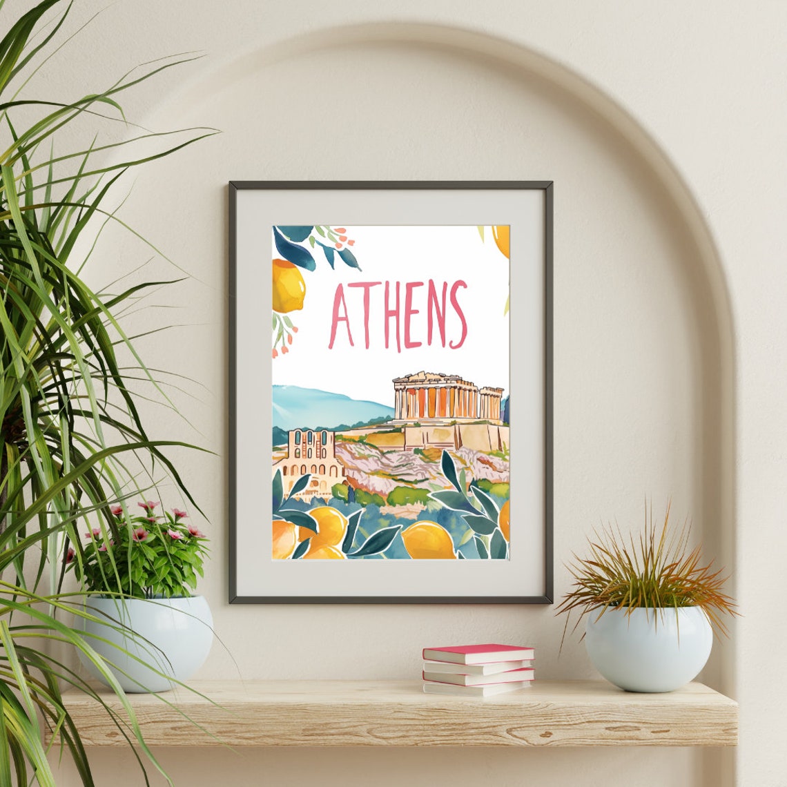 Athens Parthenon Acropolis with Citrus Border Watercolor Poster - Image 3