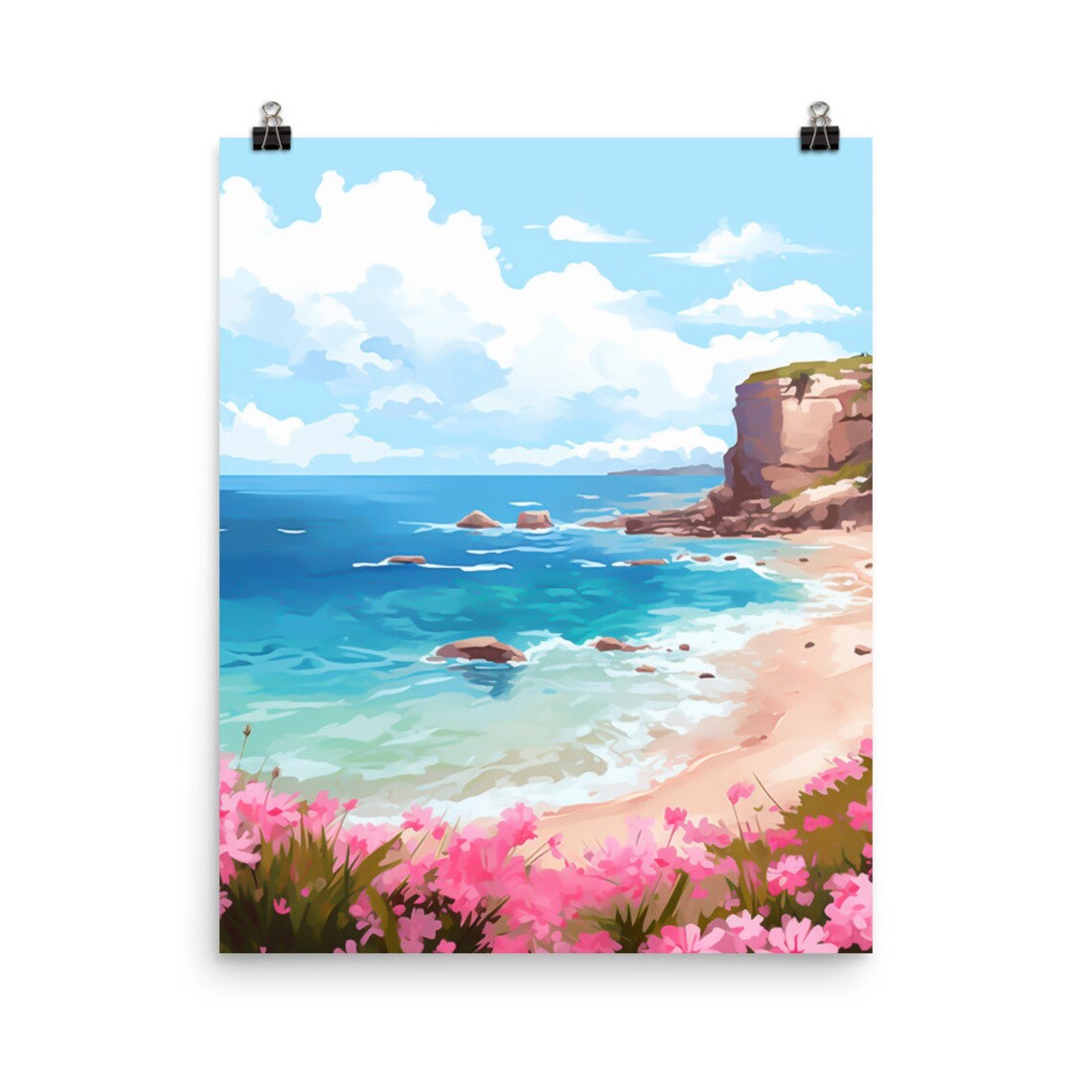 Elafonissi Beach Turquoise Bay with Pink Wildflowers Art Poster