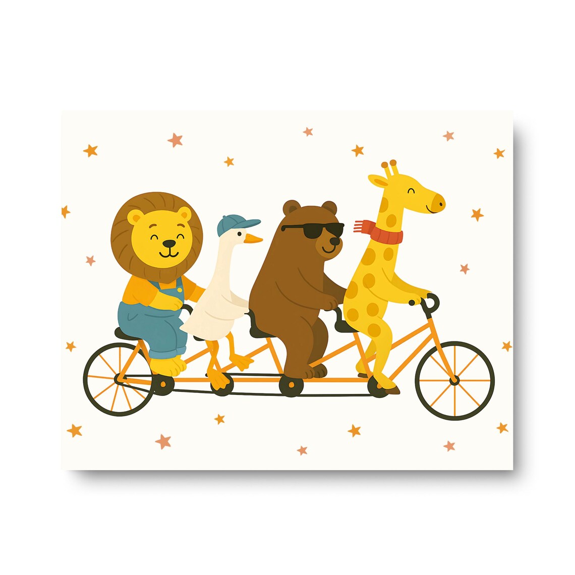 Cute Safari Animals Riding a Tandem Bike Together Kids Room Poster