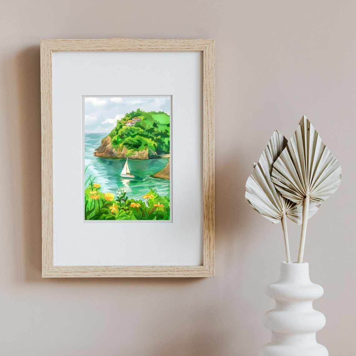 San Sebastian Sailboat Bay Green Headland Flowers Watercolor Poster - Image 2