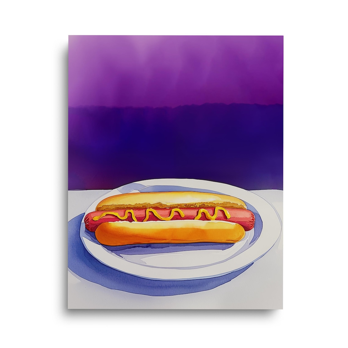 Hot Dog Watercolor Food Painting Mustard on Purple Art Poster
