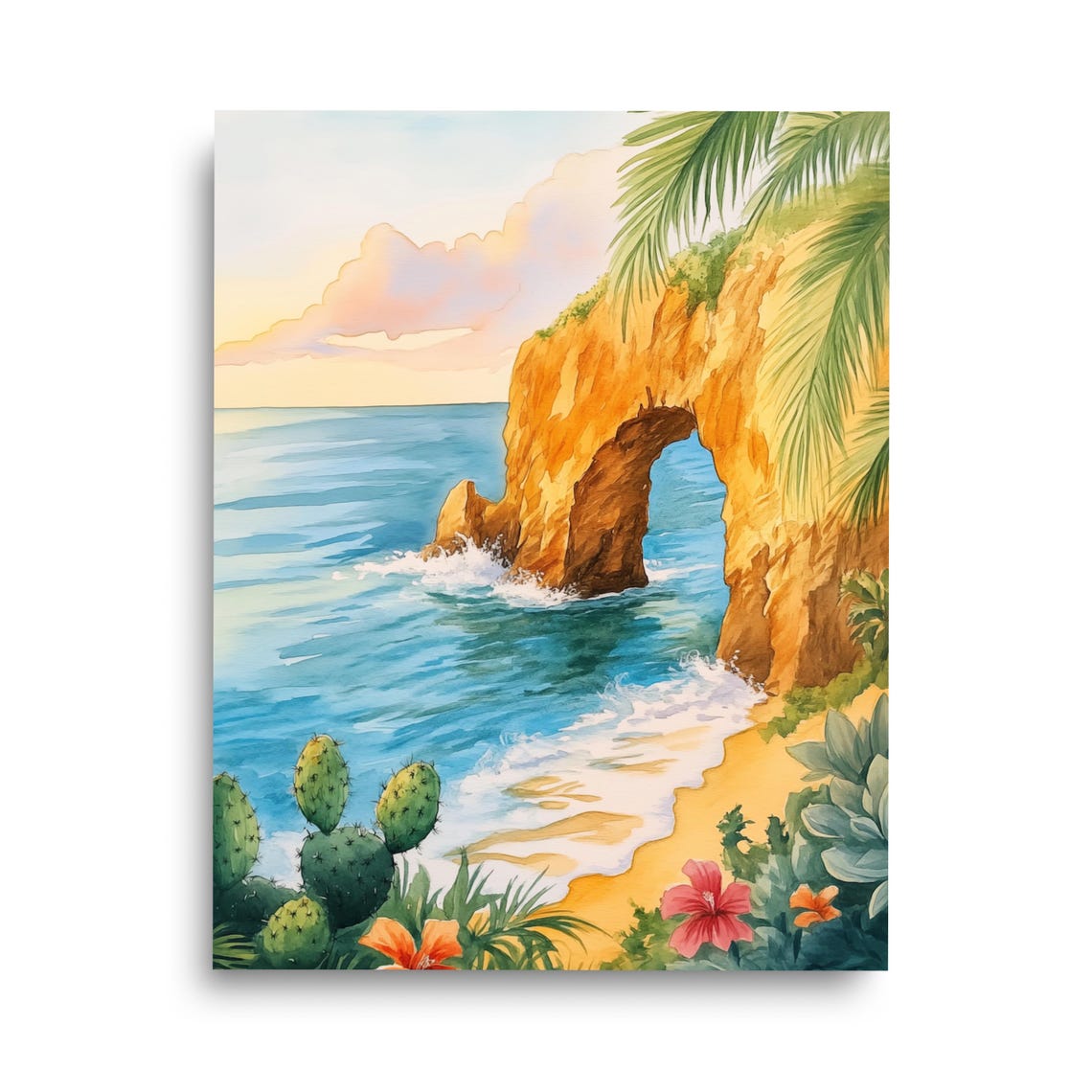 Golden Sea Arch at Sunset Tropical Watercolor Coastal Scene Poster