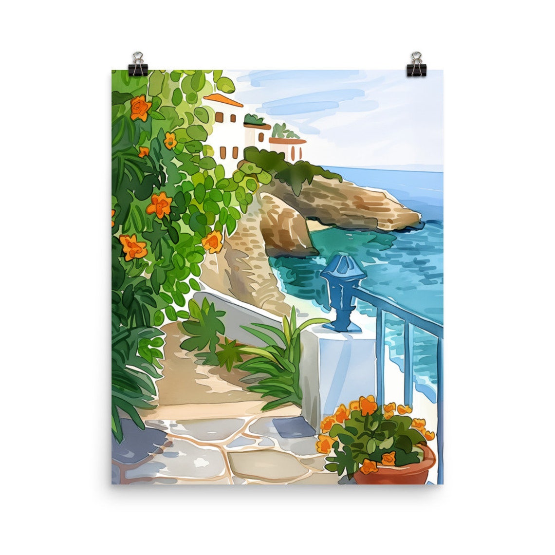 Nerja Cliffside Terrace with Orange Blooms Watercolor Poster