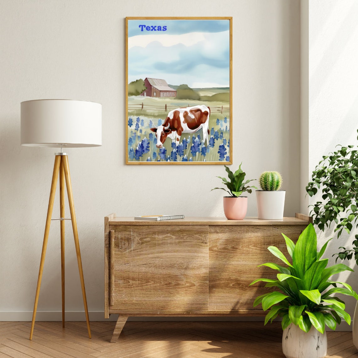 Texas Bluebonnet Field With Grazing Cow and Red Barn Watercolor Poster - Image 2