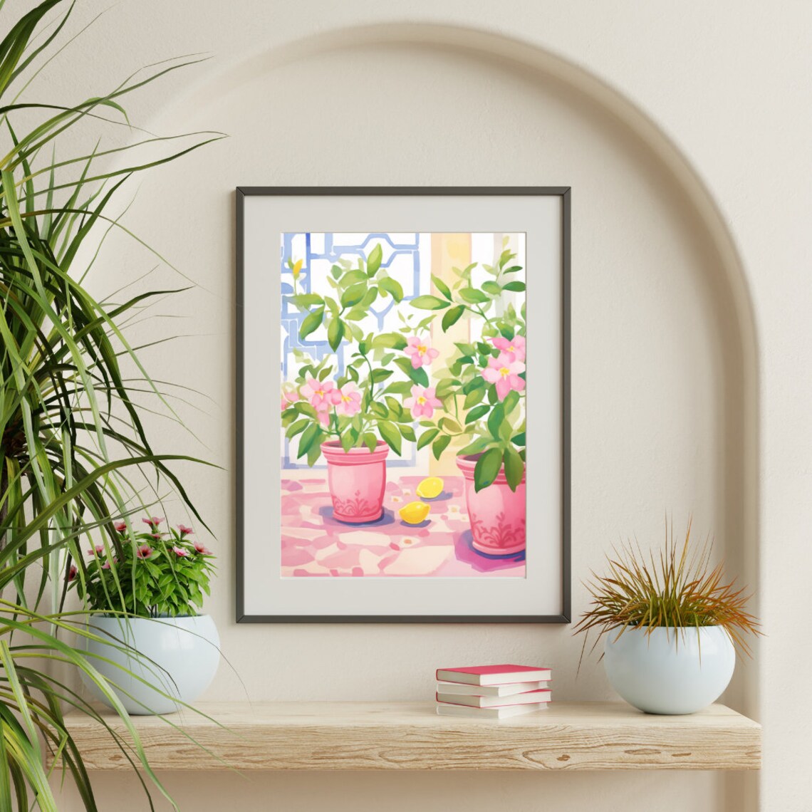 Italian Floral Vase Pink Flowers and Lemons Watercolor Poster - Image 3