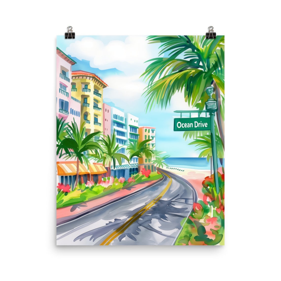 Ocean Drive Miami Art Deco Hotels Palm Street Watercolor Poster