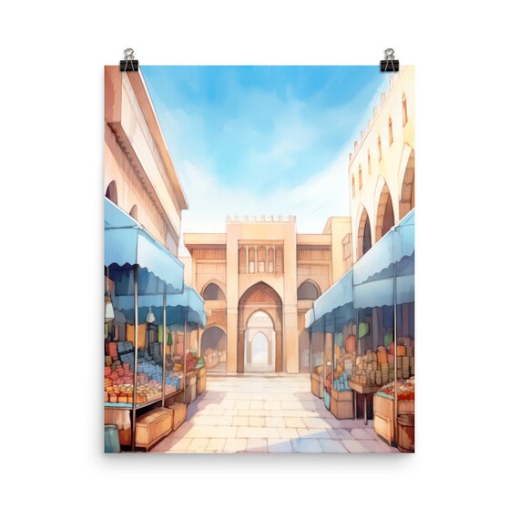 Moroccan Souk Market Blue Canopy Watercolor Street Travel Poster