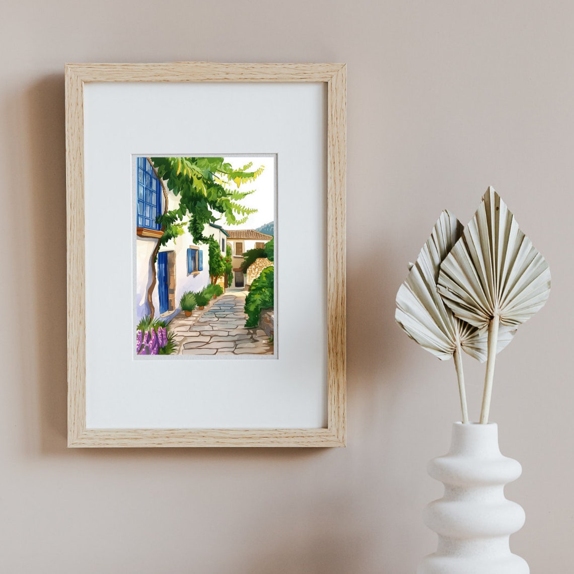 Cadaques Whitewashed Alley with Blue Shutters and Vines Poster - Image 2