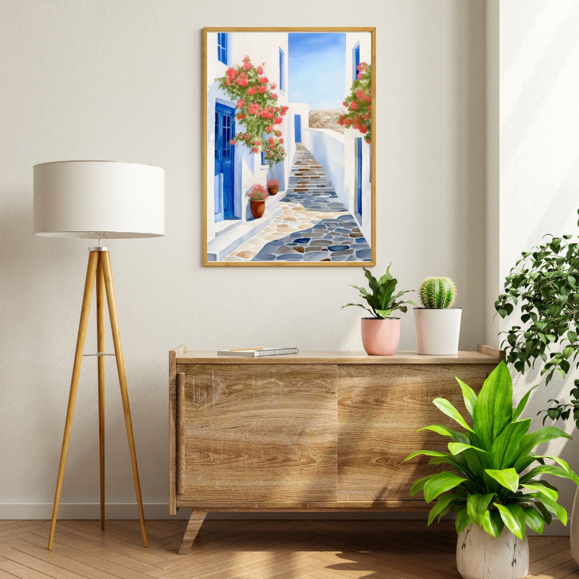 Ios White Alley with Blue Doors and Pink Bougainvillea Poster - Image 2
