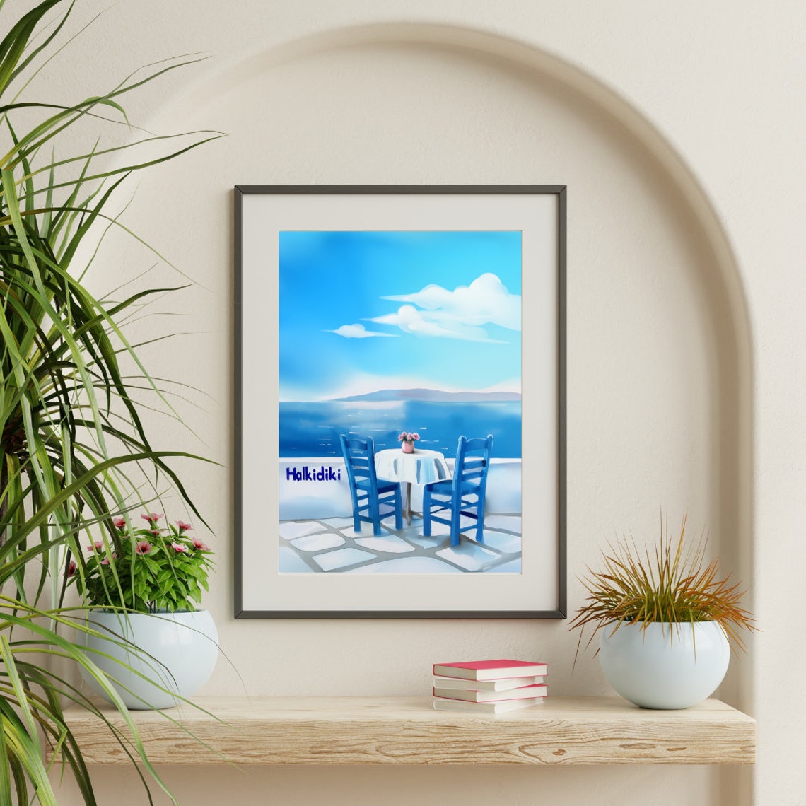 Halkidiki Greece Aegean Cafe Terrace With Blue Chairs Sea View Poster - Image 2