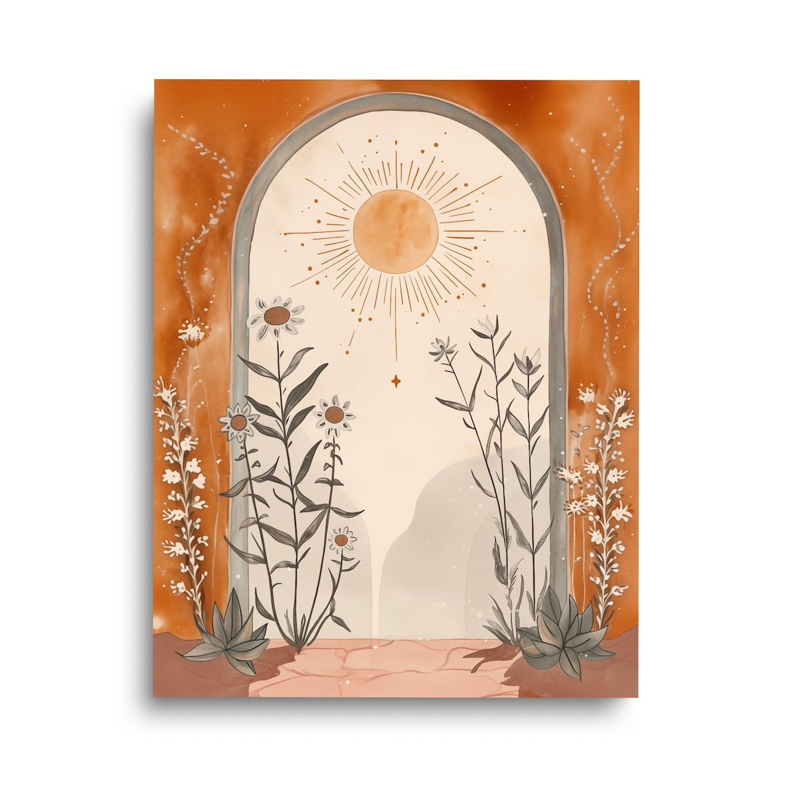 Boho Celestial Sun Arch Watercolor Poster With Wildflowers and Earth Tones
