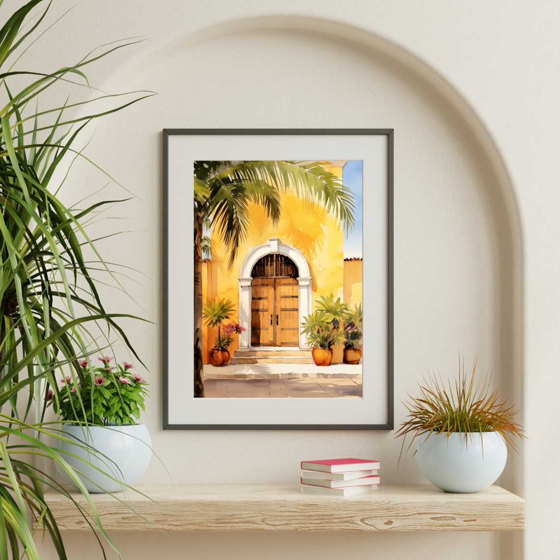 Izamal Yellow Colonial Door With Palm and Potted Plants Poster - Image 2