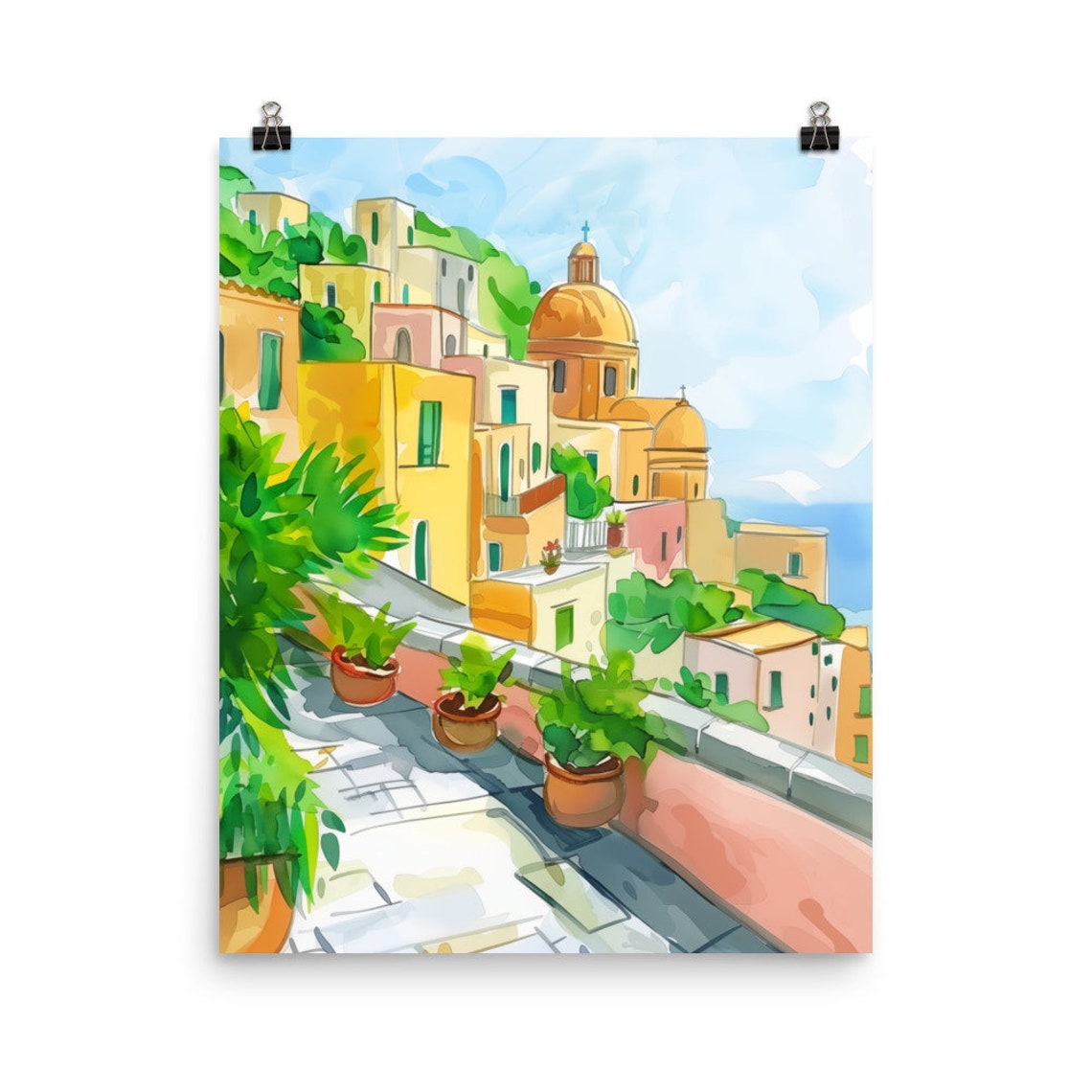Corricella Procida Hillside Village Dome Church Watercolor Poster