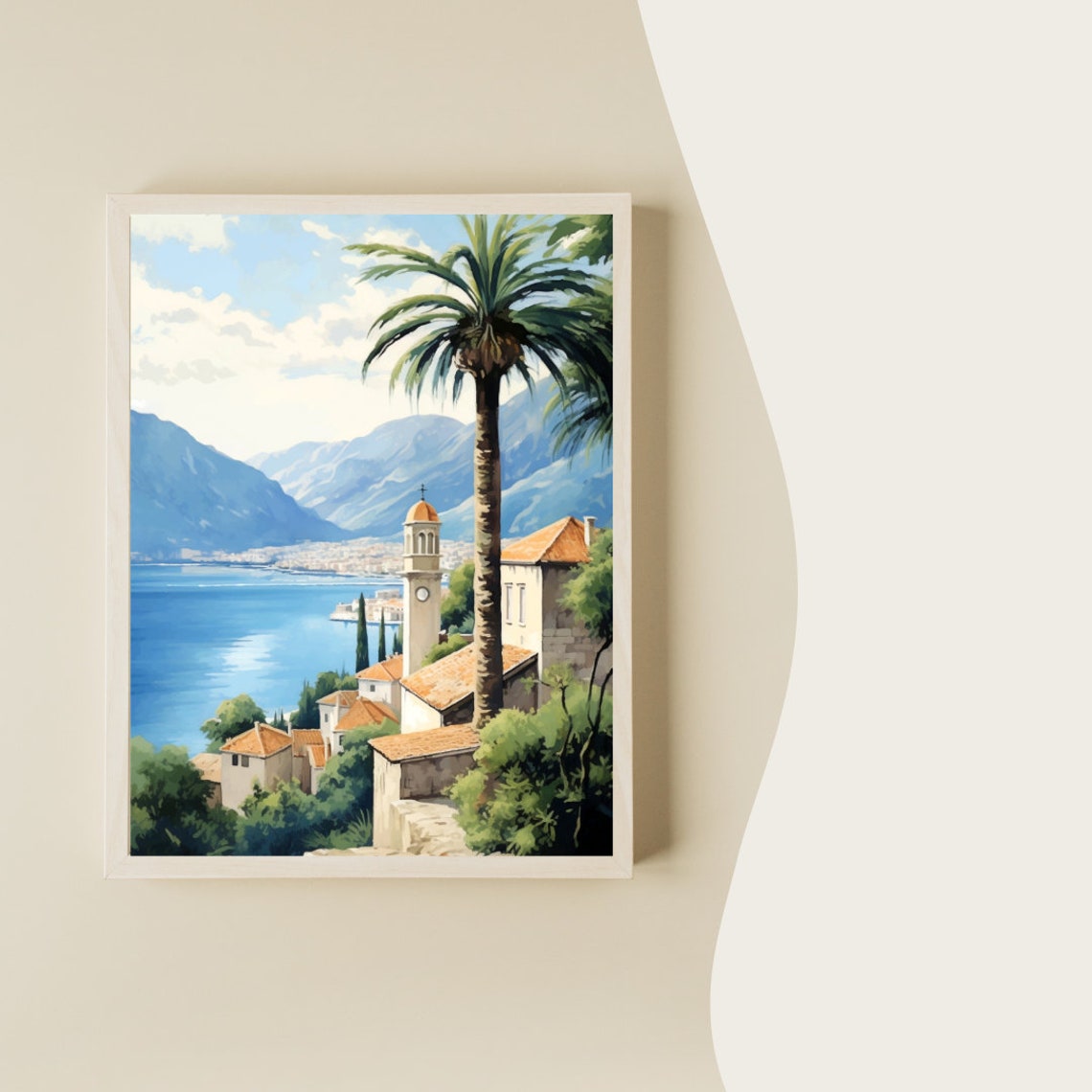 Kotor Bay Montenegro Palm Church Tower Scene Watercolor Poster - Image 2