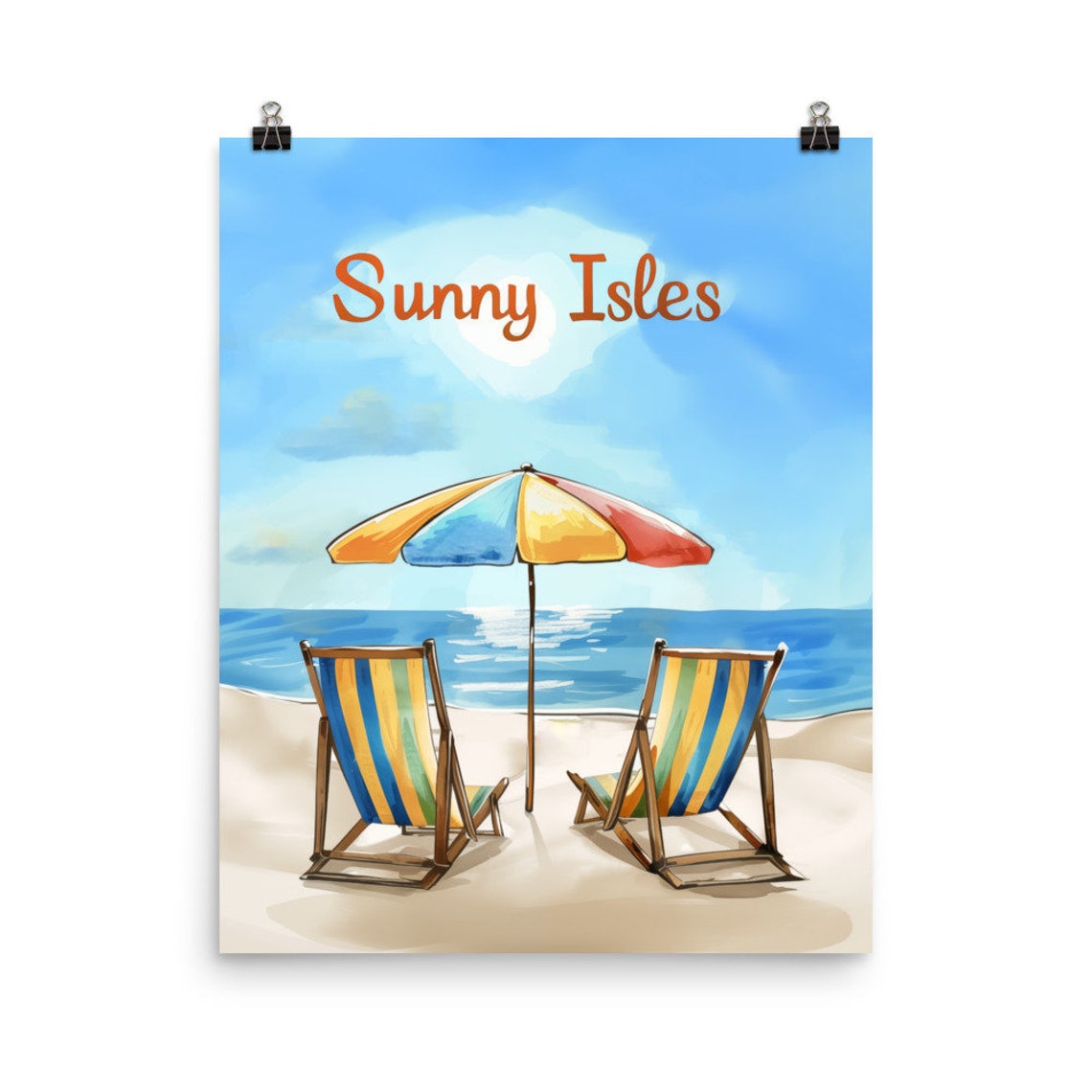 Sunny Isles Striped Beach Chairs and Umbrella Ocean View Poster