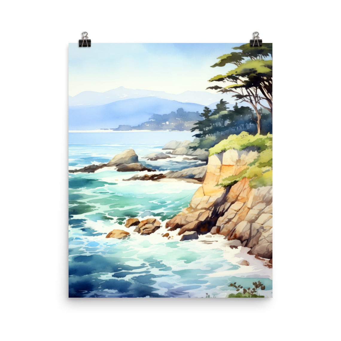 Monterey Bay Watercolor Travel Poster, Pacific Coast
