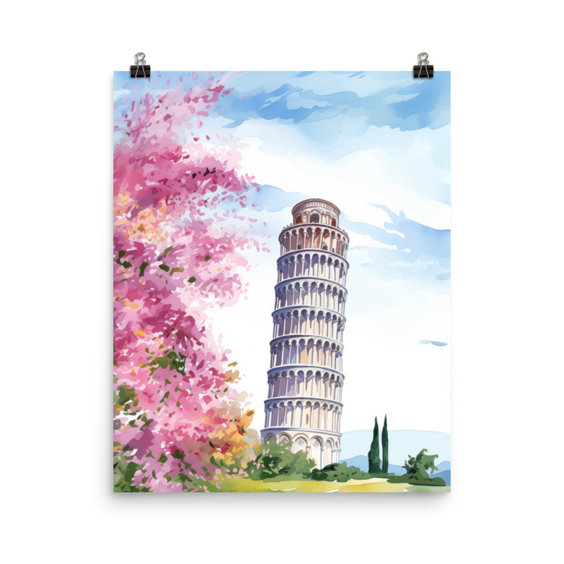 Leaning Tower of Pisa with Pink Blossoming Trees Watercolor Poster
