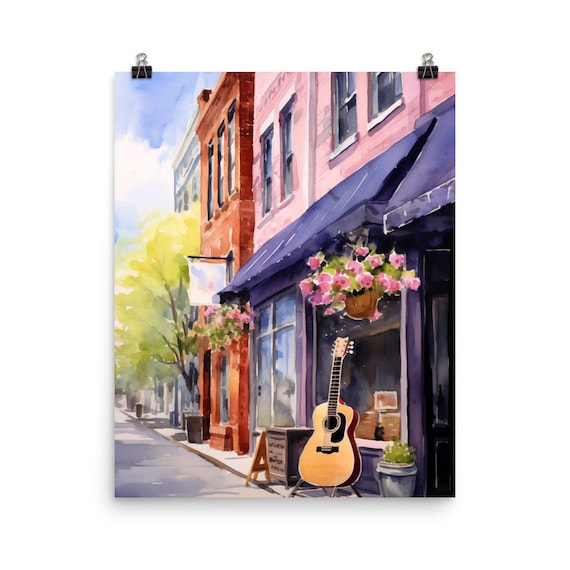 Nashville Music Row Watercolor Street Scene with Guitar Poster