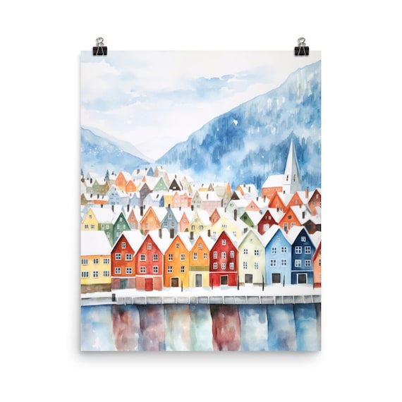 Bergen Watercolor Travel Poster, Norway Cityscape
