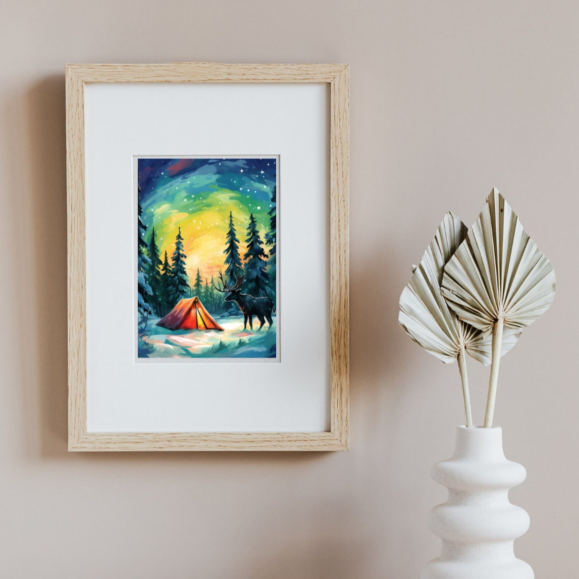 Lapland Winter Night Aurora Tent and Reindeer Watercolor Poster - Image 3
