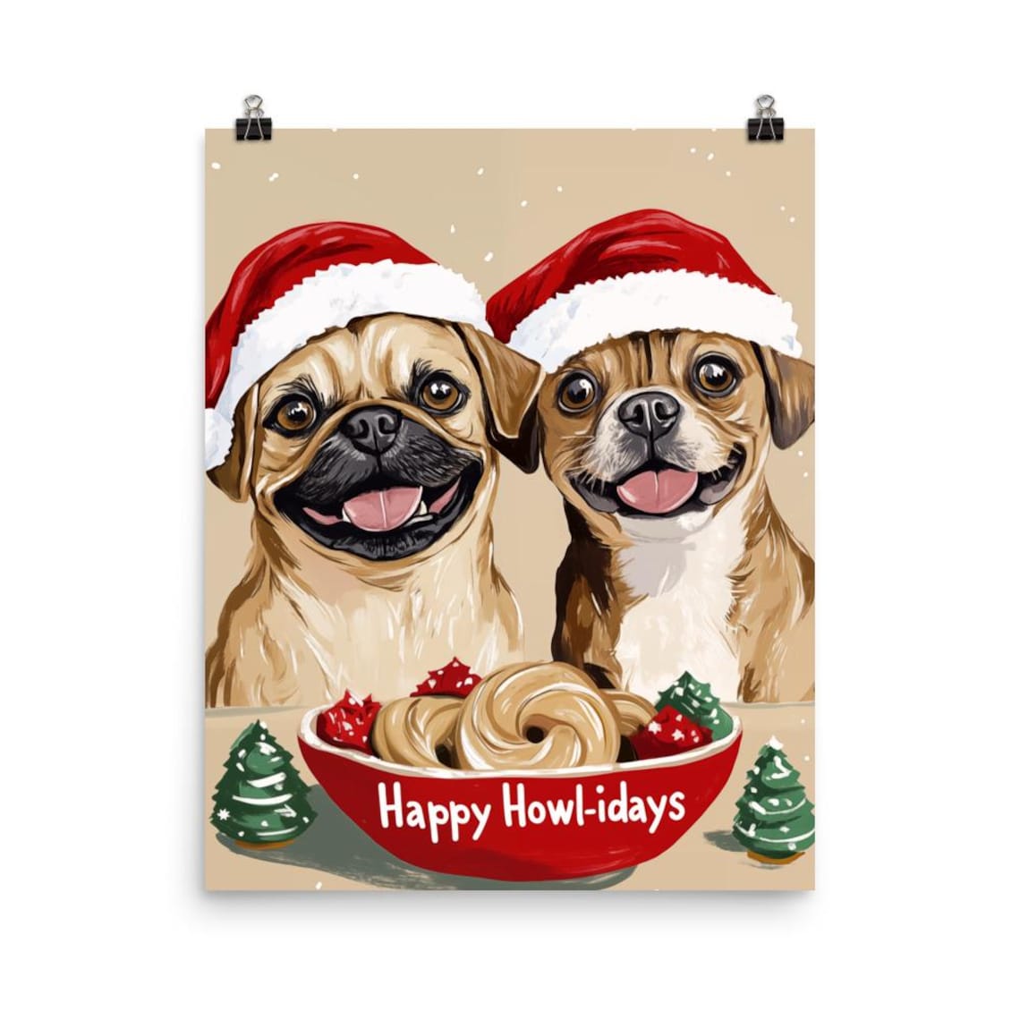 Happy Howl-idays Pugs in Santa Hats Christmas Cookies Dog Poster