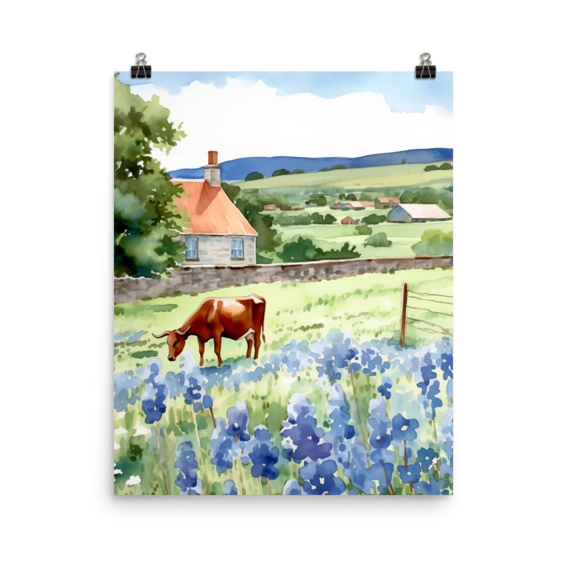 Texas Bluebonnet Field Longhorn Cow Farmhouse Watercolor Poster
