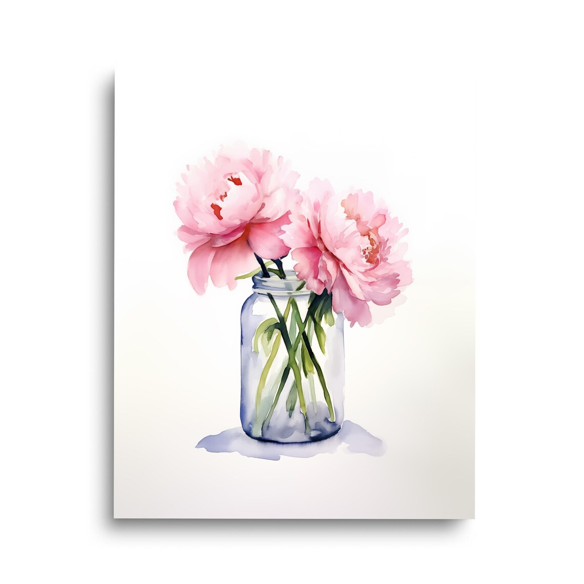 Pink Peonies Watercolor Poster With Blush Flowers in a Glass Jar