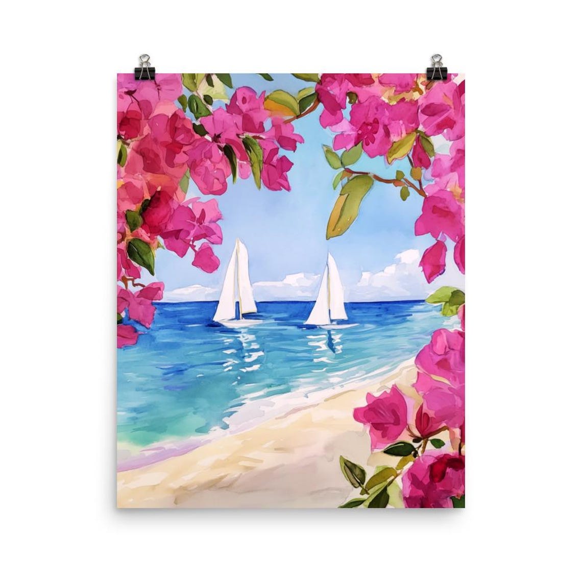 Sailboats Beyond Pink Bougainvillea Blooms Summer Beach Poster