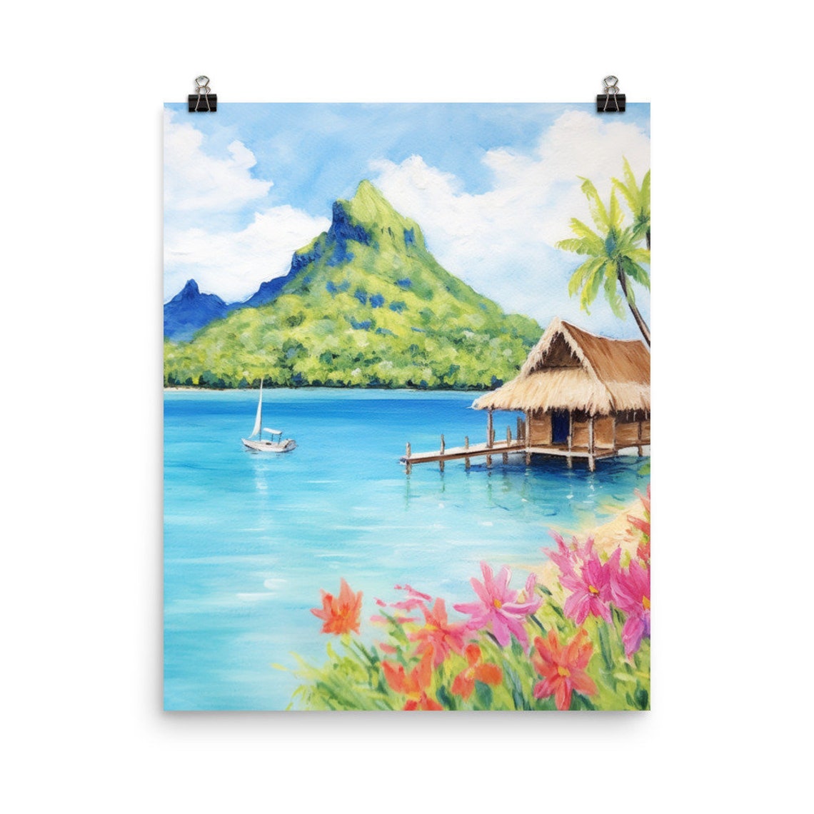 Bora Bora Overwater Bungalow And Mount Otemanu Watercolor Poster