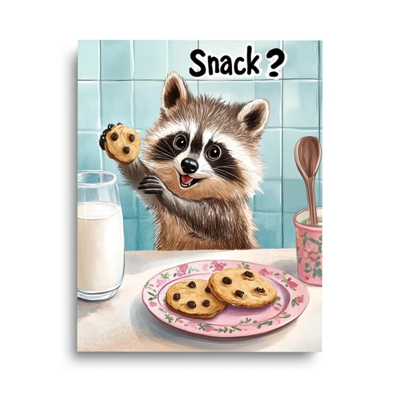 Snack Raccoon Print Animal Wall Art Kitchen Decor Funny Animals Poster Nursery Artwork Cookies And Milk Cute Food