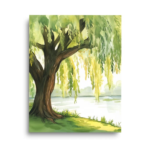 Willow Tree Watercolor Art Print, Lakeside Landscape