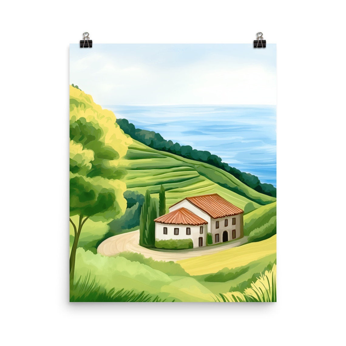 Basque Country Green Hillside Farmhouse Overlooking the Sea Poster