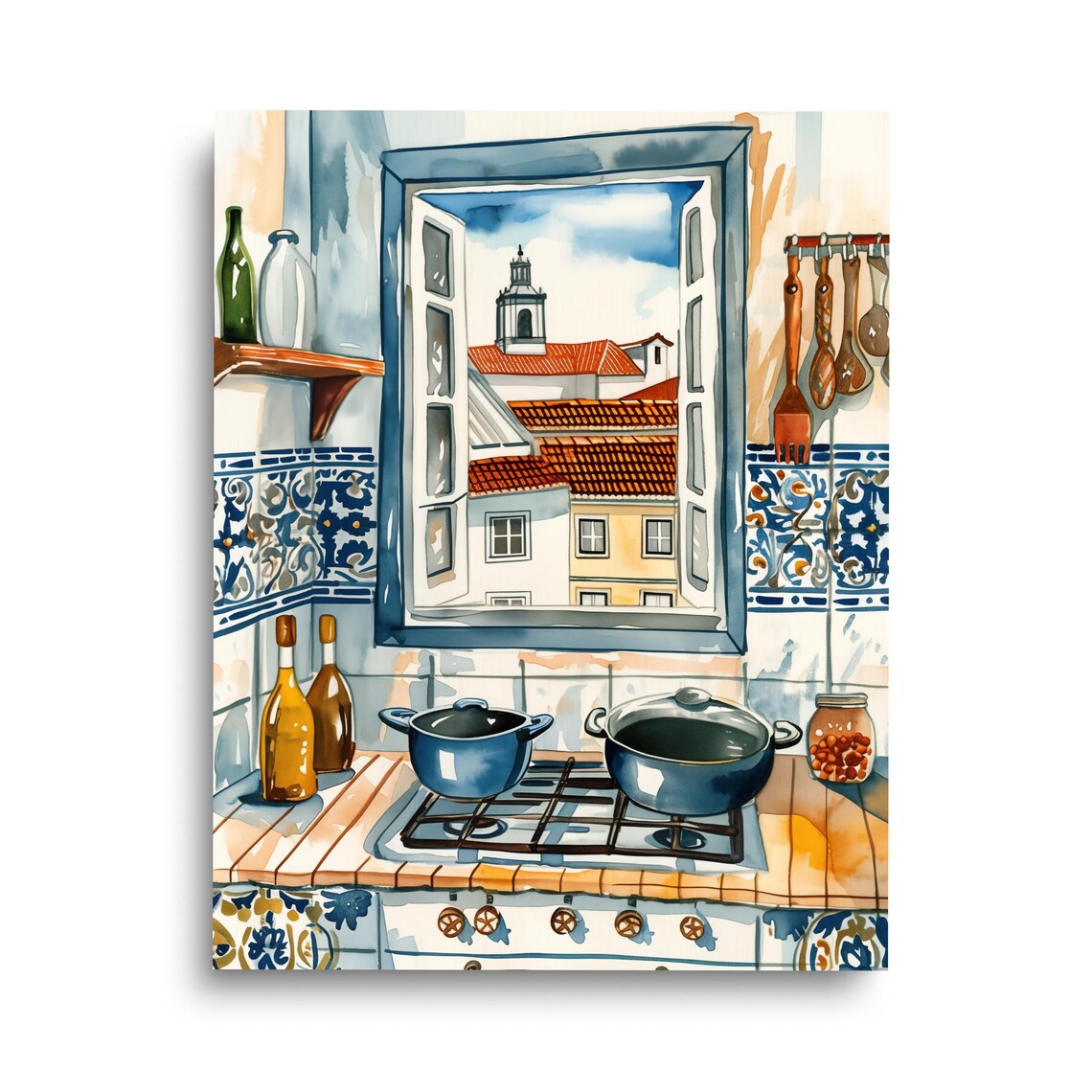 Portuguese Kitchen Watercolor Print, Lisbon Travel Poster