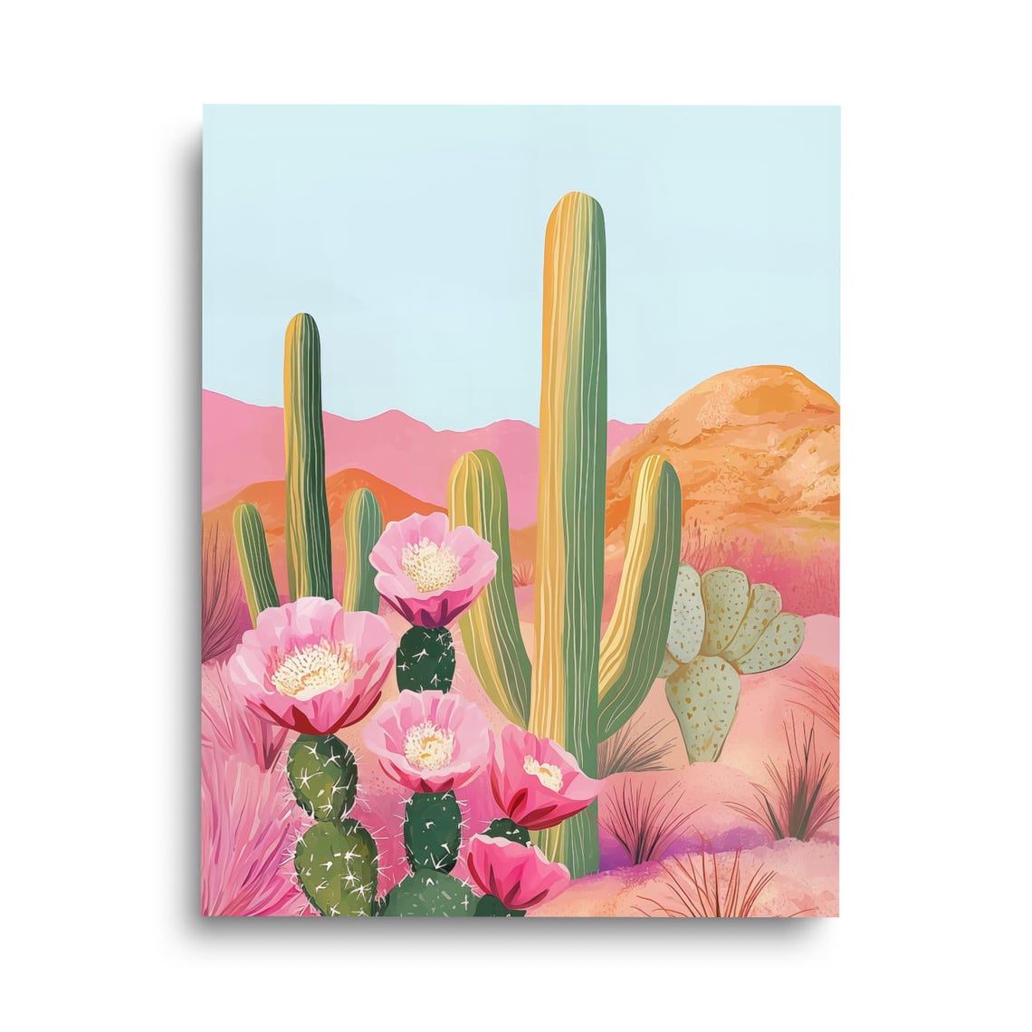 Blooming Pink Cactus Desert Landscape With Saguaro Watercolor Poster